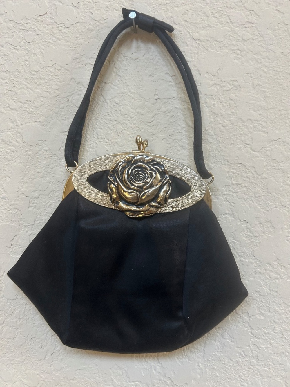 Black Satin Gold Rose Kiss Lock Purse. Vintage